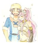  1girl braid commentary_request donny_(fire_emblem) fire_emblem fire_emblem:_kakusei futatsuki_(perfect_lovers) hairband hat hetero long_hair navel olivia_(fire_emblem) pink_hair ponytail scar short_hair smile twin_braids very_long_hair 
