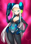  bad_source blue_eyes bodysuit breasts electro_emilia hand_on_hip headgear holding holding_weapon ken_(koala) large_breasts long_hair looking_at_viewer neon_trim original skin_tight smile solo very_long_hair weapon white_hair 