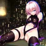  bare_shoulders black_legwear blush breasts cameltoe chromatic_aberration elbow_gloves fate/grand_order fate_(series) gloves hair_over_one_eye highres leotard looking_at_viewer mash_kyrielight medium_breasts navel pink_hair purple_eyes short_hair sitting skin_tight smile solo spread_legs thighhighs torn_clothes tsurugi_ai_(seikan_hitchhiker) 