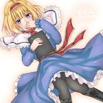  alice_margatroid ascot black_legwear blonde_hair blue_eyes book boots capelet covering_mouth dress hairband lying monrooru on_back pantyhose pigeon-toed solo touhou white_capelet 