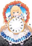  alice_(wonderland) alice_in_wonderland analog_clock apron artist_name bangs blonde_hair blue_eyes blunt_bangs blush clock club_(shape) commentary_request cowboy_shot diamond_(shape) dress hair_ribbon heart long_hair looking_at_viewer meth_(emethmeth) open_mouth ribbon roman_numerals sample skirt smile solo spade_(shape) striped striped_legwear watch watermark web_address 