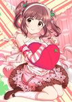  bad_id bad_pixiv_id bangs bare_shoulders blunt_bangs blush brown_eyes brown_hair commentary_request detached_sleeves dress geru_(alpha_discotica) hairband heart heart_pillow idolmaster idolmaster_cinderella_girls kneehighs long_hair looking_at_viewer mary_janes ogata_chieri pillow pillow_hug shoes sitting skirt smile solo striped_sleeves twintails wariza white_legwear 