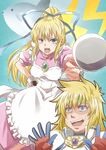  1boy 1girl apron armor blonde_hair blue_eyes blush breasts brother_and_sister dress fingerless_gloves fish frills gloves hairband lilith_aileron long_hair open_mouth ponytail ribbon stahn_aileron tales_of_(series) tales_of_destiny 