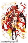  absurdres akino_coto armor bikini_armor breasts elbow_gloves fire flame flaming_sword gloves hair_between_eyes highres horns long_hair magia_break md5_mismatch medium_breasts midriff navel official_art pointy_ears red_eyes red_hair single_elbow_glove solo sword weapon wings 