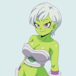  10s 1girl animated animated_gif areola_slip areolae armor bare_shoulders blue_background bocodamondo bodysuit bouncing_breasts breasts chirai cleavage dragon_ball dragon_ball_super dragon_ball_super_broly edited eyes_closed female flashing gloves green_skin grin groin hip_focus hips impossible_bodysuit impossible_clothes jiggle large_breasts lewdamone looking_at_viewer navel no_bra out-of-frame_censoring parted_lips purple_eyes resized self_exposure shiny shiny_skin shirt_tug short_hair simple_background smile solo standing teeth third-party_edit upscaled white_hair 