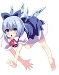  bad_id bad_pixiv_id barefoot blue_eyes blue_hair bow cirno douji hair_bow highres ice ice_wings open_mouth solo touhou white_background wings 