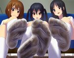  :d akiyama_mio black_hair blue_eyes blush brown_eyes brown_hair couch dirty_feet dirty_socks hirasawa_yui indoors k-on! looking_at_viewer multiple_girls nakano_azusa open_mouth pii_(taromura) short_hair sitting smile socks twintails 