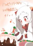  ahoge bangs blush_stickers bowl cake carrot collar commentary_request eighth_note food horns icing kantai_collection long_hair mittens musical_note northern_ocean_hime orange_eyes sensen solo translation_request white_hair 