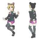  1girl arms_behind_back artist_name bare_shoulders black_boots black_hair blonde_hair boots braid butterfly_hair_ornament double_bun from_behind full_body green_eyes hair_ornament jojo_no_kimyou_na_bouken kuujou_jolyne lolitaii multicolored_hair multiple_views short_shorts shorts signature single_braid smile thighhighs two-tone_hair younger zettai_ryouiki 