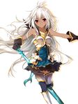  armor armored_boots bare_shoulders boots dark_skin gloves gorget granblue_fantasy grey_hair highres long_hair looking_at_viewer red_eyes simple_background skirt solo sword tsuedzu very_long_hair weapon zooey_(granblue_fantasy) 