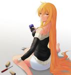  absurdly_long_hair bare_shoulders blonde_hair breasts fate_testarossa long_hair lyrical_nanoha mahou_shoujo_lyrical_nanoha medium_breasts mochidayo_(lovefate999) mouth_hold red_eyes screwdriver sitting skirt solo very_long_hair wariza white_background wrench 