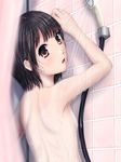  :o against_wall bangs bath black_hair blunt_bangs blurry blush breasts brown_eyes depth_of_field dripping from_behind hose looking_at_viewer looking_back nude open_mouth original phazer pov short_hair shower_curtain showering sideboob sidelocks small_breasts solo tile_wall tiles upper_body visible_air water wet wet_hair 