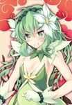  armpits blush breasts commentary_request date_elf_masamune dress flower gloves green_dress green_eyes green_hair green_hairband grin hair_flower hair_ornament hairband highres long_hair looking_at_viewer mitsuki_mantarou plant sleeveless small_breasts smile solo tsurime upper_body vines white_gloves 