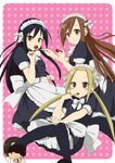  3girls amakusa_shino apron black_hair blonde_hair blush_stickers brown_hair chibi feeding food hagimura_suzu komugiko long_hair maid maid_apron maid_headdress multiple_girls polka_dot polka_dot_background seitokai_yakuindomo shichijou_aria tsuda_takatoshi twintails 