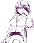  alternate_costume bad_id bad_pixiv_id bespectacled breasts cleavage collared_shirt dress_shirt glasses grin hairband hand_on_own_cheek kurirou large_breasts long_sleeves looking_at_viewer monochrome office_lady open_collar purple-framed_eyewear shirt short_hair sitting skirt smile solo spot_color touhou yasaka_kanako 