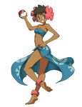  anklet bandeau barefoot blue_eyes breasts cleavage dark_skin elite_four feet flower full_body fuyou_(pokemon) genzoman hair_flower hair_ornament looking_at_viewer midriff navel nintendo poke_ball pokemon pokemon_(game) pokemon_rse sarong solo very_short_hair 