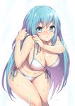  ass_visible_through_thighs bangs bikini blue_eyes blue_hair blush breasts cleavage curvy duel_monster eria eyebrows eyebrows_visible_through_hair front-tie_bikini front-tie_top fuya_(tempupupu) large_breasts leaning_forward long_hair looking_at_viewer side-tie_bikini simple_background solo swimsuit thigh_gap very_long_hair wet white_background white_bikini yuu-gi-ou 