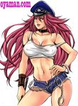  big_hair blue_eyes blue_shorts breasts cleavage cuffs denim denim_shorts final_fight handcuffs hat jewelry large_breasts long_hair navel oyaman peaked_cap pink_hair poison_(final_fight) short_shorts shorts solo street_fighter tank_top 