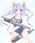  blue_hair chemaru_(a8l) hair_ribbon i-19_(kantai_collection) kantai_collection name_tag one-piece_swimsuit red_eyes ribbon school_swimsuit solo star star-shaped_pupils swimsuit symbol-shaped_pupils torpedo tri_tails twintails 
