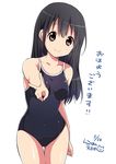  :&gt; artist_name black_hair brown_eyes clenched_hand collarbone commentary_request competition_school_swimsuit covered_navel dated long_hair looking_at_viewer one-piece_swimsuit original ragho_no_erika school_swimsuit shiny shiny_skin simple_background skin_tight smile solo standing swimsuit thigh_gap translated v white_background 