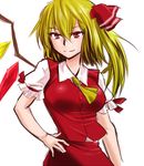  bad_id bad_pixiv_id blonde_hair breasts crystal flandre_scarlet hair_ribbon hand_on_hip kurirou large_breasts long_hair lowres older red_eyes ribbon side_ponytail smile solo touhou wings 