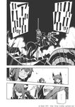  :o blood blood_on_face clutching_chest comic crazy_laugh eyepatch greyscale hair_over_one_eye i-class_destroyer ikazuchi_(kantai_collection) inazuma_(kantai_collection) kantai_collection katari_(ropiropi) monochrome multiple_girls shinkaisei-kan short_hair tatsuta_(kantai_collection) tenryuu_(kantai_collection) torn_clothes translated 