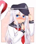  anchor_symbol blue_eyes blush box commentary finger_to_mouth flat_cap gift gift_box hair_between_eyes hat hibiki_(kantai_collection) highres kantai_collection long_hair looking_at_viewer neckerchief open_mouth rouka_(akatyann) school_uniform serafuku silver_hair solo_focus upper_body valentine 