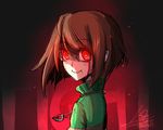  androgynous artist_name blood bloody_tears brown_hair chara_(undertale) closed_mouth glowing glowing_eyes heart heart_necklace jewelry lalalaleng long_sleeves looking_at_viewer necklace red_eyes shaded_face signature smile solo spoilers striped striped_sweater sweater turtleneck undertale upper_body 
