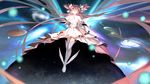  argyle argyle_legwear bow closed_eyes dress ege_(597100016) galaxy gloves hair_bow highres kaname_madoka light magical_girl mahou_shoujo_madoka_magica pink_hair pink_legwear planet smile solo soul_gem space spoilers two_side_up ultimate_madoka white_dress white_gloves white_legwear 