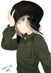  2016 adjusting_clothes adjusting_hat artist_name blonde_hair blue_eyes dated from_side girls_und_panzer hat helmet hitsuki_aki_(forked_road) katyusha long_sleeves looking_at_viewer military military_uniform pravda_military_uniform short_hair short_jumpsuit signature solo uniform upper_body white_background 