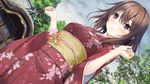  blush brown_hair day futaba_yuiri game_cg hitsuji_takako japanese_clothes kimono lip_kiss obi outdoors purple_eyes red_kimono sash short_hair smile solo temple yukata 