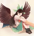  arm_cannon bad_id bad_pixiv_id bangs beige_background black_eyes black_footwear black_hair black_legwear black_wings bow cape closed_mouth feathered_wings full_body green_bow green_eyes hair_bow hand_on_own_arm highres kneehighs loafers long_hair looking_at_viewer reiuji_utsuho shirt shoes short_sleeves simple_background sitting smile solo starry_sky_print surumeri_(baneiro) third_eye touhou weapon white_shirt wings 