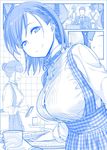 apron blue bow bowtie braid breasts comic commentary cup drinking_glass formal getsuyoubi_no_tawawa himura_kiseki koubeya_uniform large_breasts leaning_forward looking_at_viewer monochrome no_eyes plaid plaid_apron plate pov short_hair side_braid silent_comic smile suit sweatdrop uneven_eyes waitress 