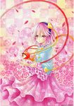  hairband heart komeiji_satori long_sleeves mosho petals pink_eyes pink_hair pink_skirt shirt skirt solo third_eye touhou traditional_media wide_sleeves 