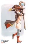  1girl ass boots cape eye_patch hat itt0ryu kono_subarashii_sekai_ni_shukufuku_wo! megumin panties red_eyes simple_background solo staff white_background 