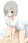  blue_eyes blush breasts character_name cleavage collarbone eyes_visible_through_hair girl_on_top hair_ornament hair_over_one_eye hairclip hamakaze_(kantai_collection) hetero kantai_collection large_breasts naked_shirt name_tag revision shirt short_hair silver_hair sitting sitting_on_person solo_focus straddling white_background zekkyon 