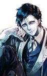  black_hair bloodborne buttons cage coat collar dress_shirt grey_eyes highres male_focus micolash_host_of_the_nightmare necktie pose shirt smirk solo suzunashi white_background 