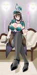  areolae black_gloves black_hair black_legwear blush breasts bunny_ears choker choukai_(kantai_collection) cleavage_cutout collar collarbone condom couch cum cum_on_breasts cum_on_hands cum_on_upper_body curvy female glasses gloves hair_ornament hat headgear high_heels highres kantai_collection large_breasts legs_crossed leotard long_hair looking_at_viewer negi nipple_slip nipples pantyhose red_eyes ring shoes sitting solo text thick_thighs thighhighs tongue tongue_out translated used_condom wide_hips 