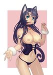  absurdres animal_ears aqua_eyes ass_visible_through_thighs breasts choker collarbone contrapposto fengmo highres large_breasts long_hair looking_to_the_side navel nipples panties purple_hair smile solo standing tail topless underwear wrist_cuffs 
