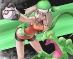  &gt;:d 1girl :d bandanna bangs bare_arms bare_legs bare_shoulders bent_over bike_shorts breasts collared_dress creatures_(company) dress eyebrows_visible_through_hair eyes_visible_through_hair fanny_pack female game_freak gen_3_pokemon gloves green_bandanna grey_eyes grovyle hand_on_hip haruka_(pokemon) haruka_(pokemon_emerald) highres holding holding_poke_ball legs legs_apart light_brown_hair looking_at_viewer medium_breasts multicolored multicolored_clothes multicolored_gloves nintendo open_mouth orange_dress outstretched_arm poke_ball pokemon pokemon_(creature) pokemon_(game) pokemon_emerald pokemon_rse premier_ball pretty-purin720 round_teeth short_dress short_hair sleeveless sleeveless_dress smile standing teeth upper_teeth 