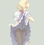  alice_margatroid blonde_hair blue_dress blue_eyes blush brown_legwear capelet cowboy_shot crotch_seam dress dress_lift frills grey_background hair_intakes hairband ishikkoro lifted_by_self looking_away looking_down looking_to_the_side mouth_hold necktie panties panties_under_pantyhose pantyhose profile puffy_short_sleeves puffy_sleeves red_neckwear short_sleeves simple_background skirt skirt_lift solo standing touhou underwear white_capelet white_panties 