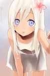  areolae blonde_hair blue_eyes breasts downblouse kantai_collection leaning_forward long_hair nipple_slip nipples one-piece_tan open_mouth ro-500_(kantai_collection) sakiryo_kanna shirt_slip small_breasts solo tan tanline 