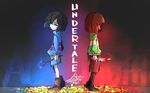  2others androgynous artist_name back-to-back blood bloody_knife bloody_weapon boots brown_hair chara_(undertale) closed_eyes copyright_name dagger field flower flower_bed flower_field flowey_(undertale) frisk_(undertale) full_body knife lalalaleng long_sleeves multiple_others shoes shorts signature spoilers standing stepped_on stick striped striped_sweater sweater undertale weapon 