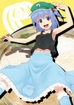  :d armpits bare_shoulders blue_eyes blue_hair breasts chopsticks collarbone commentary_request food hair_bobbles hair_ornament hat highres kawashiro_nitori looking_at_viewer medium_breasts navel open_mouth saemon_(tonpura) short_hair sideboob sleeveless smile solo sukiyaki tank_top touhou twintails two_side_up wristband 