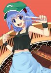  :d armpits bare_shoulders blue_eyes blue_hair breasts chopsticks collarbone commentary_request food grill hair_bobbles hair_ornament hat kawashiro_nitori looking_at_viewer meat medium_breasts navel open_mouth saemon_(tonpura) short_hair sideboob sleeveless smile solo tank_top touhou twintails two_side_up wristband yakiniku 