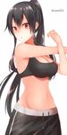  absurdres alternate_costume black_hair breasts chestnut_mouth hair_between_eyes highres kantai_collection large_breasts long_hair looking_at_viewer midriff navel open_mouth ponytail red_eyes sakiryo_kanna solo sports_bra sportswear very_long_hair yahagi_(kantai_collection) 