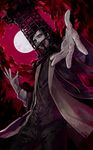  black_hair bloodborne buttons cage cloud coat collar dress_shirt grey_eyes headgear highres laughing male_focus micolash_host_of_the_nightmare moon necktie open_mouth pose purple_sky red_clouds shirt sky solo suzunashi teeth 