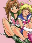  ankle_boots bare_legs bishoujo_senshi_sailor_moon blonde_hair blue_sailor_collar boots brown_hair choker circlet closed_eyes cross-laced_footwear friends green_choker green_footwear green_sailor_collar happy kino_makoto knee_boots legs multiple_girls open_mouth pink_background pink_footwear rikayon_(doktorlicagari) sailor_collar sailor_jupiter sailor_moon sailor_senshi sailor_senshi_uniform shoes simple_background sitting smile star tsukino_usagi 