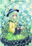  2016 :d aqua bangs blouse checkered checkered_background dated eyelashes frilled_skirt frilled_sleeves frills green_eyes green_skirt hat hat_ribbon heart heart_of_string komeiji_koishi leaf long_sleeves mosho open_mouth petals ribbon shirt signature silver_hair skirt smile solo third_eye touhou traditional_media wide_sleeves wing_collar yellow_blouse 