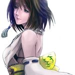  69ism blue_eyes bra breasts brown_hair detached_sleeves final_fantasy final_fantasy_x green_eyes heterochromia japanese_clothes jewelry lowres medium_breasts necklace short_hair sideboob solo underwear white_background yuna_(ff10) 